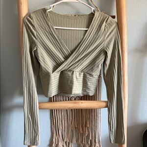 SHEIN Olive Ribbed Long Sleeve Wrap Top